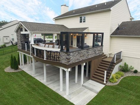 Decks Across Back Of House, Nice Backyard Decks, 2nd Floor Patio Ideas, 2 Story Patio Ideas, Double Patio Deck Ideas, Deck Over Sunroom, Tall Back Deck Ideas, Upper Deck With Lower Patio, Decks With Grills