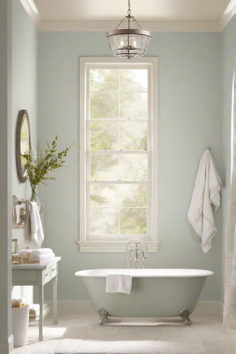 Indulge in the soothing ambiance of BM Balboa Mist (1549) in your tranquil bathroom. Unveil the daily routine of an interior designer and elevate your space with elegant decor. #Ad #homedecor #homedesign #bathroom #Painthome interiorarchitecture best Wall Colors for Bathroom Colors Bright Room Colors best colors combinations bathroom bathroom Remodeling Modern Paint Colors 2024 Benjamin Moore Paint Colors For Bathroom, Benjamin Moore Bathroom Paint Colors, Bm Balboa Mist, Farmhouse Bathroom Colors, Small Bathroom Color Ideas, Benjamin Moore Bathroom Colors, Bright Room Colors, Chicago Condo, Best Wall Colors