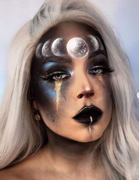 Out Of This World Makeup Ideas, Celestial Goddess Makeup, Creative Fantasy Makeup, Eclipse Makeup Ideas, Night Sky Makeup Look, Full Moon Makeup, Moon Goddess Makeup Halloween, Winter Solstice Makeup, Moon Makeup Aesthetic