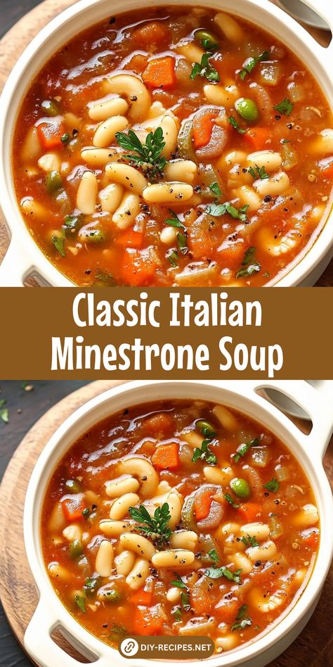 Enjoy a taste of Italy with this classic Minestrone Soup. A wholesome blend of beans, pasta, and veggies, this soup is sure to be a family favorite. Italy Soup Recipes, Giada Minestrone Soup, Minestrone Soup Half Baked Harvest, Canned Minestrone Soup, Minestrone Soup For Canning, Quick Minestrone Soup, Old Spaghetti Factory Minestrone Soup, Minestrone Crockpot Soup, Simple Minestrone Soup