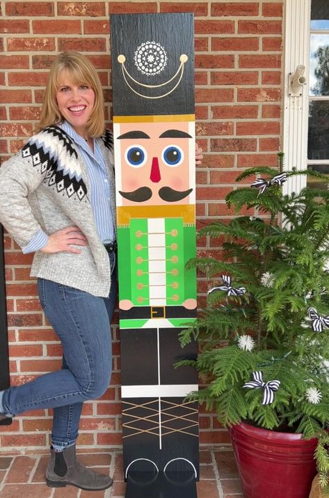 Wood Christmas Outdoor Decorations, Porch Nutcracker Diy, How To Make Nutcrackers Diy, Diy Nutcracker Porch Sign, Diy Nutcracker Soldier Outdoor Wood, Diy Tall Nutcracker, Nutcracker Shutters, Outdoor Christmas Signs Diy, Diy Outdoor Nutcracker Christmas Decor