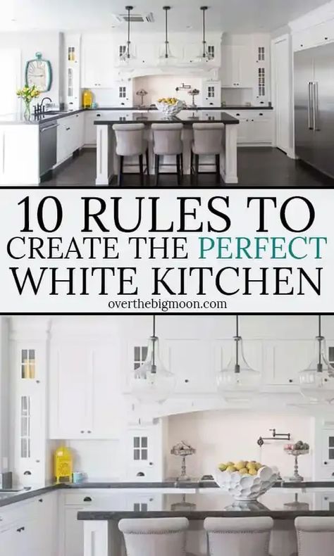 These 10 Rules to Create the Perfect White Kitchen are a must read before building or remodeling your kitchen. These rules can apply to a big or small white kitchen! From overthebigmoon.com! #whitekitchen #kitchendesign #whitekitchendesign Small White Kitchen, White Kitchen Interior, Small White Kitchens, White Shaker Kitchen, Classic White Kitchen, White Kitchen Remodeling, Scandinavian Nursery, Condo Kitchen, White Kitchen Decor