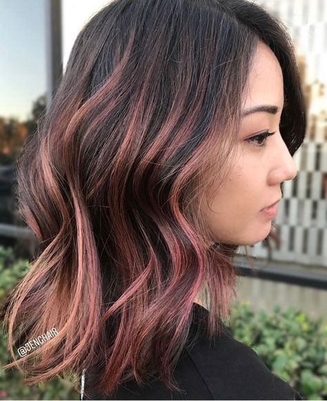 Rose Gold Rose Gold Hair With Lowlights, Brown Hair With Pink Highlights Ombre, Peekaboo Hair Color Rose Gold, Rose Gold Shoulder Length Hair, Rose Gold Halo Hair, Dark Hair Rose Gold Highlights, Dark Hair Rose Gold Balayage, Peekaboo Hair Rose Gold, Black Hair Rose Gold Highlights