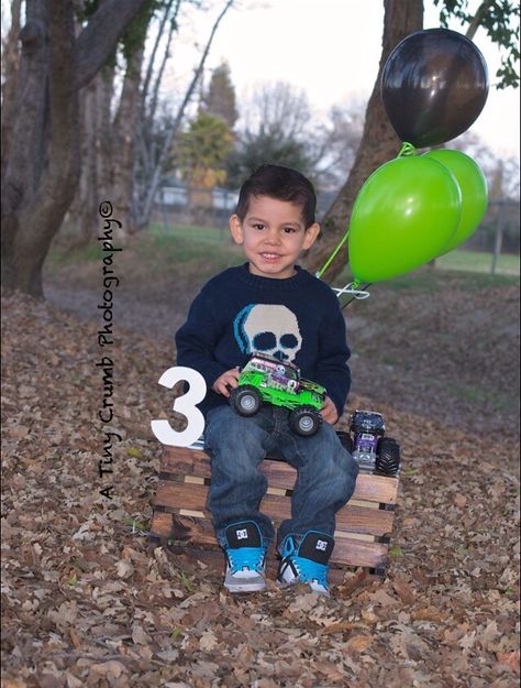 Monster Truck Birthday Pictures, Monster Jam Photo Shoot, Monster Truck Photo Shoot, 3rd Birthday Boy, Monster Jam Birthday, Monster Jam Party, 3rd Birthday Boys, Toddler Pictures, Boy Photo Shoot