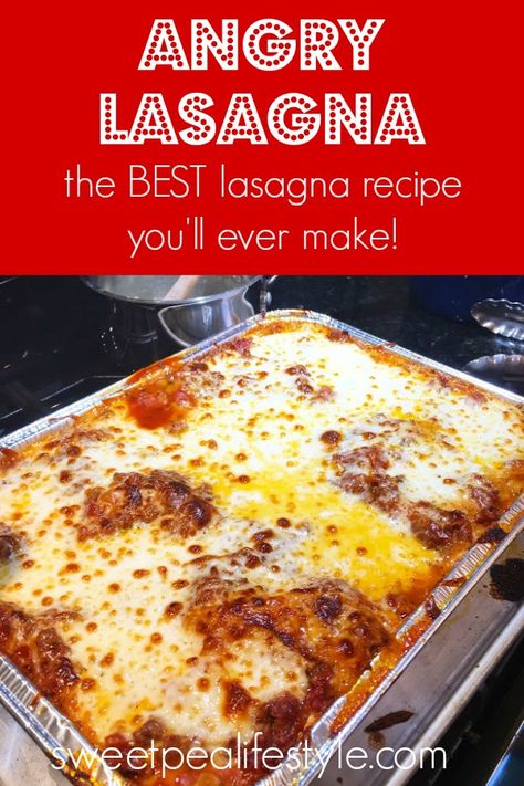 Angry Lasagna is the best lasagna recipe you'll ever make! Using smoked mozzarella and a spicy red meat sauce, this lasagna recipe feeds a crowd! Authentic Lasagna Recipe Italy, Deep Dish Lasagna Recipe, Spasagna Recipe, Spicy Lasagna Recipe, Smoked Lasagna, Dinner Ideas For A Crowd, Spicy Lasagna, Best Ever Lasagna, Easy Lasagne Recipes