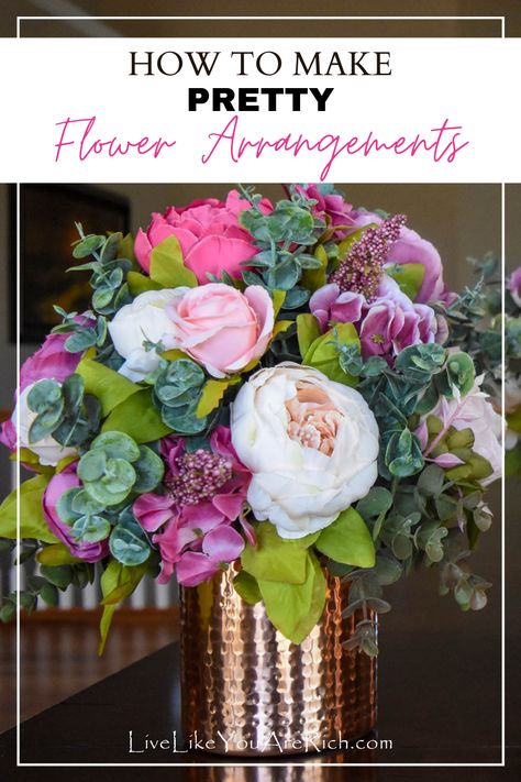 How To Make Rose Arrangements, Artificial Peony Flower Arrangement, Arranging Fake Flowers, Grave Floral Arrangements Diy, Peonies Arrangement Vase, Spring Silk Flower Arrangements, Spring Artificial Flower Arrangements, Silk Flower Arrangements Diy, Peony Table Arrangements