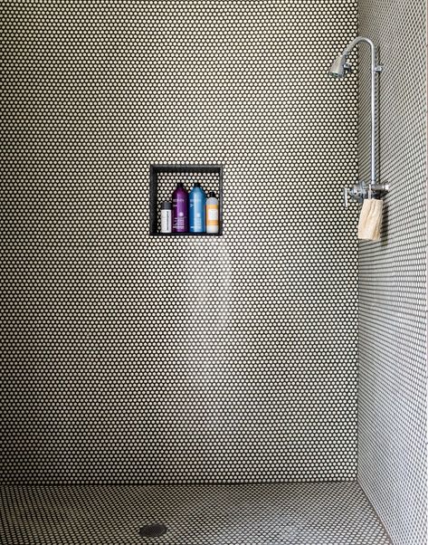 The Simple Modern Solution - NYTimes.com Mosaic Shower Tile, Patterned Bathroom Tiles, Luxury Bathroom Master Baths, Black Grout, Penny Round Tiles, Penny Tile, Shower Tile Designs, Downstairs Bathroom, Hem Design