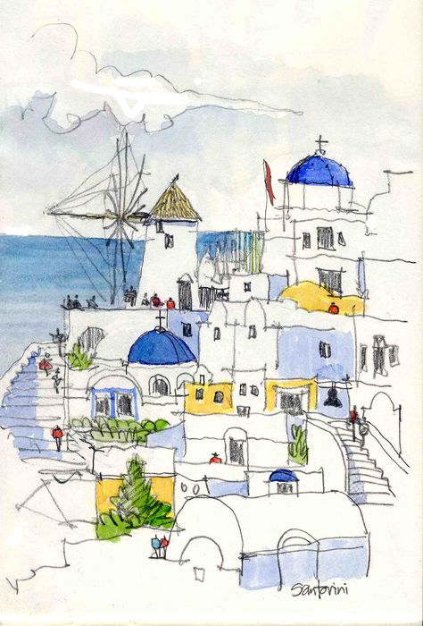 James Richards, Greece Art, Watercolor Architecture, Watercolor Journal, 수채화 그림, Lukisan Cat Air, Arte Sketchbook, Pen And Watercolor, Watercolor Sketch