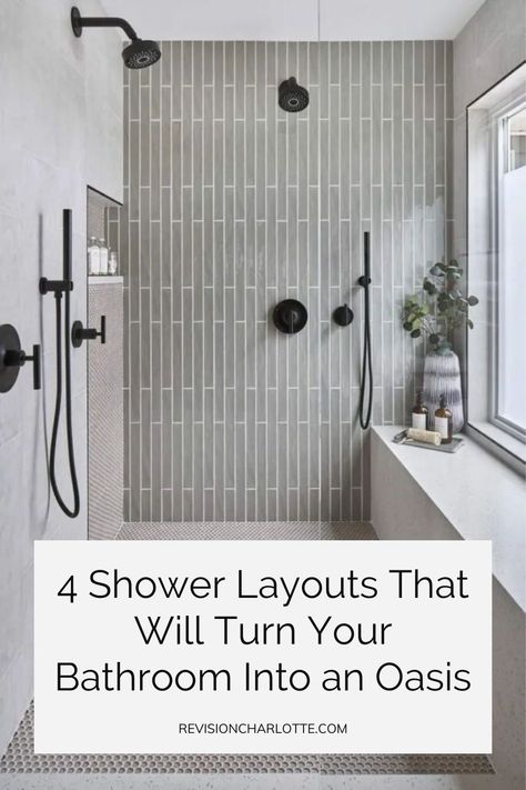 These luxury (and simple) shower remodels will turn your bathroom design into an oasis! Click through for the 4 shower layouts we love for our bathroom remodel clients. We offer bathroom makeovers and design in the Greater Charlotte, North Carolina area. luxury bathroom design, shower aesthetic Big Bathroom Design Layout, Bathroom Ideas With Tv, Luxury Bathroom Tile Ideas, Pool Bathroom Layout, Master Bath Organic Modern, Masterbath Ideas 2024 Remodel, Bathroom Modern Design Luxury, Shower Valve Placement Ideas, 14x8 Bathroom Layout