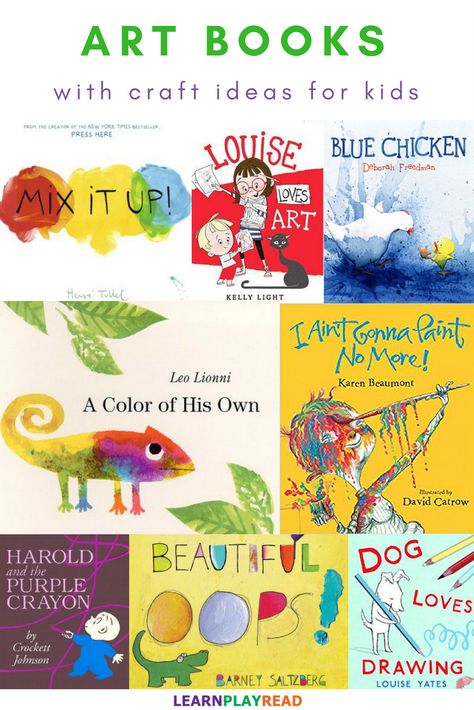 These eight art books with craft ideas for kids are sure to keep your toddlers and preschoolers busy having fun (and learning, of course)! Each book includes an artistic element of its own - colors, drawing, painting, etc. Art Books For Kids, Book Art Projects, Craft Ideas For Kids, Art And Craft Videos, Elementary Art Projects, Toddlers And Preschoolers, Preschool Books, E Mc2, Kindergarten Art