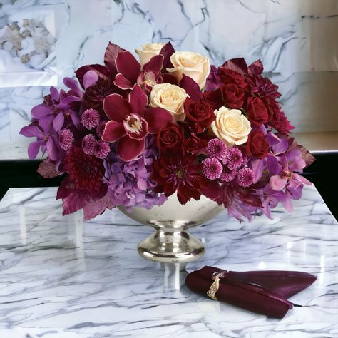 Lush and Lovely Centerpiece - DGM Flowers  | Fort Lauderdale Florist Burgundy Hydrangea Centerpiece, Purple Orchid Centerpiece, Pedestal Arrangements Wedding, Elegant Fall Wedding Flowers, Magenta Floral Arrangements, Elegant Wedding Flower Arrangements, Monochromatic Floral Arrangements, Spring Arrangements Floral, Peony Centerpiece Wedding