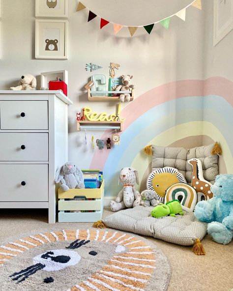 Nursery Cosy Corner, Rainbow Reading Nook, Childs Reading Corner, Kids Snug Room Ideas, Children’s Reading Corner, Rainbow Childrens Bedroom, Cosy Kids Bedroom, Kids Bedroom Reading Corner, Toddler Room Reading Corner