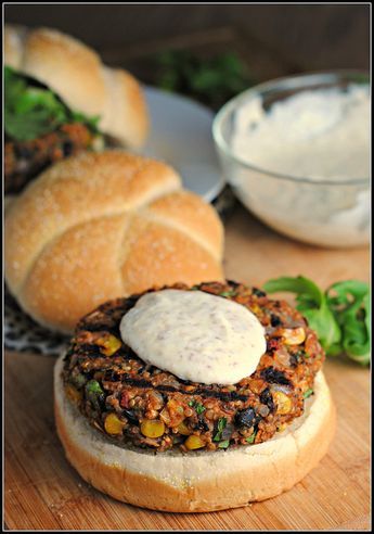 Quinoa, Black Bean & Veg Burger. Olive oil; 1 red onion & 2 cloves garlic, chopped; 1/2 tsp salt; 1x425g can black beans, drained, rinsed; 2 T tomato paste; 1 large egg; 1.5 C cooked quinoa; 2/3 C corn; 1/2 C cilantro; 1 T chilli sauce; dash smoked paprika; 2 tsp ground cumin; 1/2 C rolled oats; 1/4 C oat flour. Heat oil in pan, saute onion, garlic. Place in bowl, add beans & mash. Add other ingredients. Mix well. Form into 6 patties. Refrigerate overnite. Cook on bbq. Black Bean And Quinoa, Quinoa Veggie Burger, Quinoa Burger, Bean Quinoa, Tofu Burger, Quinoa Burgers, Black Bean Quinoa, Taco Pizza, Veggie Burgers