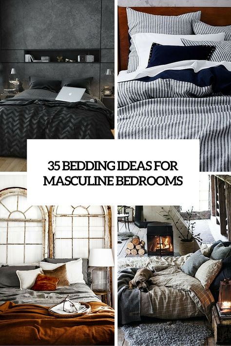 35 bedding ideas for masculine bedrooms cover - www.homeology.co.za Manly Bedding, Men’s Bedding, Mens Bedding, Mans Bedroom Ideas, Bedding For Men, Adult Male Bedroom Ideas, Modern Masculine Bedroom, Young Mans Bedroom Ideas, Masculine Bedrooms