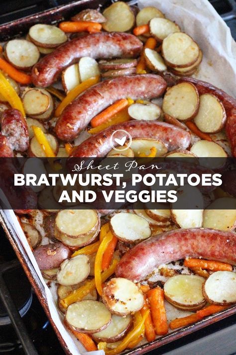 Ideas For Bratwurst, Healthy Bratwurst Meals, Brat Skillet Recipes, Turkey Brats Recipes Dinners, Chicken Bratwurst Meals, Cooked Bratwurst Recipes, Brat Meat Recipes, Sheet Pan Brats And Potatoes, Oktoberfest Sheet Pan Brats With Roasted Vegetables