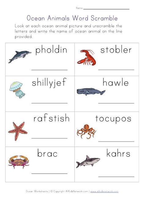 ocean word scramble worksheet Ocean Animals Pictures, Free Science Worksheets, Ocean Words, Ocean Unit, Free Preschool Printables, Animal Worksheets, Free Kindergarten Worksheets, Ocean Kids, Kindergarten Worksheets Printable