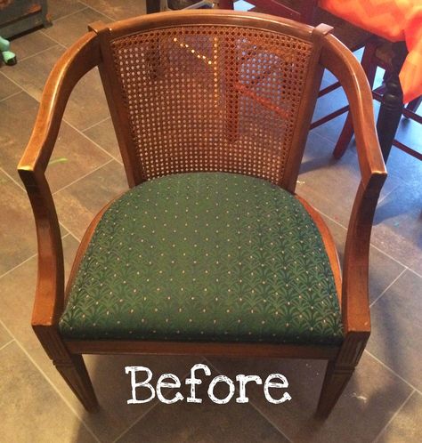 Barrel Cane Chair, Cane Chairs Painted, Cane Chair Makeover, Cane Rocking Chair, Painting Fabric Chairs, Painting Fabric Furniture, Dining Chair Makeover, Cane Back Chairs, Chair Redo