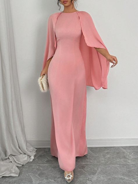 Women's Round Neck Fitted Elegant & Graceful Charming Batwing Sleeve Midi Dress Pink Elegant  Extra-Long Sleeve Satin Plain Fitted Non-Stretch  Women Clothing, size features are:Bust: ,Length: ,Sleeve Length: Lady In Waiting Dress, Simple Long Dresses, Elegant Winter Dresses, Elegant Pink Dress, Long Dress With Long Sleeves, Hollywood Glam Dress, Pink Flowy Dress, Long Dress Plus Size, Batwing Dress