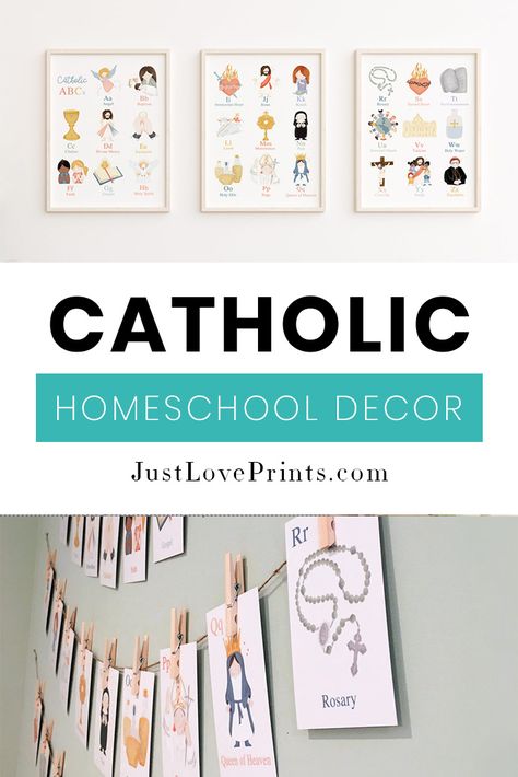 If you've been looking to add a bit of Catholic flair to a playroom, homeschool room, classroom, or baby nursery, these Catholic ABC prints will certainly do the trick!   The My Catholic Alphabet set comes with 26 laminated 4x6in. prints - perfect for any classroom (homeschool or traditional), playroom, or nursery!  Or the Catholic Alphabet prints-- (3) 8x10in. prints with kid-friendly depictions of the Catholic faith. They serve as a beautiful learning resource for the whole family. Catholic Kids Gifts, Catholic Modern Art, Catholic Gifts For Kids, Ccd Classroom Ideas, Catholic Classroom Ideas, Catholic Classroom Decor, Catholic Decor Home Ideas, Traditional Playroom, Playroom Homeschool Room