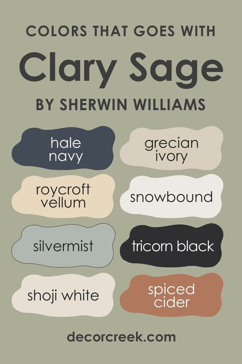 Clary Sage SW-6178 Paint Color by Sherwin-Williams Paint Color Schemes Sage Green, Wall Color For Sage Green Cabinets, Clary Sage Sherwin Williams Color Scheme, Color Palette For Sage Green, Clary Sage Sherwin Williams Kitchen, Colors To Pair With Sage Green, Sage Paint Palette, Clary Sage Complimentary Colors, Clary Sage Accent Wall