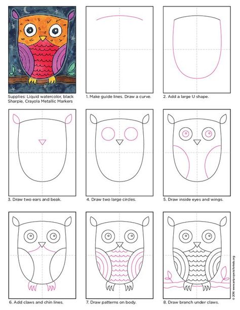 Owl Art Projects For Kids, Owl Drawing Simple, Draw An Owl, Simple Owl, Third Grade Art, Owl Tutorial, Owl Kids, Owl Coloring Pages, 2nd Grade Art