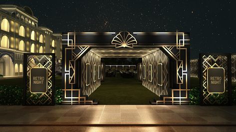 Great Gatsby Theme on Behance Great Gatsby Theme Decor, Gatsby Stage Design, Black And Gold Cocktail Party Decor, Gatsby Backdrop Ideas, Gatsby Event Decor, Gatsby Entrance, The Great Gatsby Party Theme, Art Deco Stage, Art Deco Party Theme