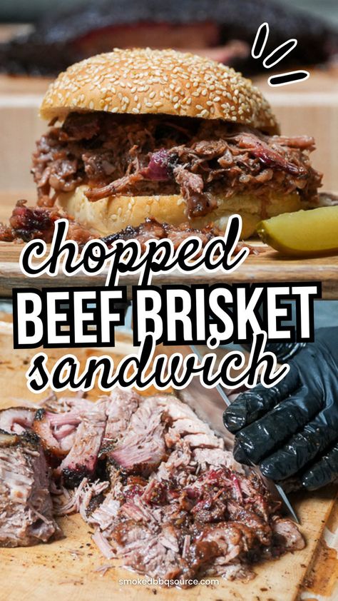 Two-image collage of chopped beef brisket sandwich on a wooden board and gloved hand chopping leftover brisket with a knife. Bbq Chopped Beef Sandwich, Smoked Brisket Sandwich Ideas, Brisket Sandwiches Ideas, Brisket Bbq Sauce, Leftover Brisket Recipes, Bbq Brisket Sandwich, Barbeque Sandwiches, Brisket Sandwich Recipe, Brisket Sandwiches