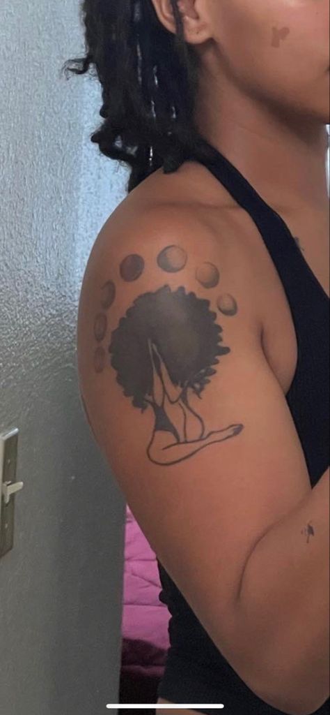 Afro Spiritual Tattoos, Afro Art Tattoo Ideas, Loc Goddess Tattoo, Fairy With Locs Tattoo, Sun And Moon Tattoo Black Woman, Earthy Girl Tattoos Black Women, Afro Women Tattoo, Locs Tattoos Ideas, Earthy Tattoos Black Women