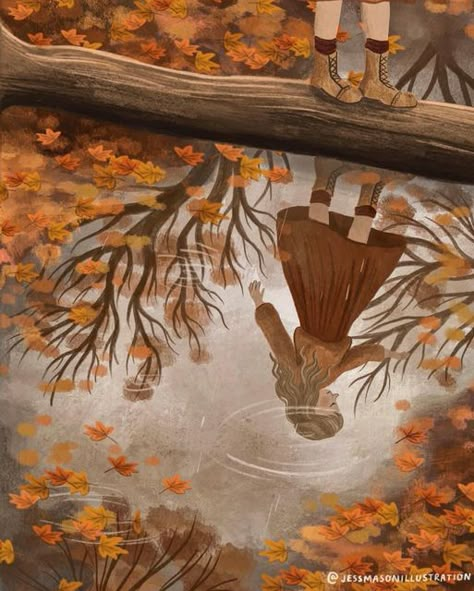 Autumn Drawing Aesthetic, Drawing Reflections, Autumn Leaves Drawing, Fall Illustration Art, Autumn Leaves Illustration, Reflection Illustration, Autumn Drawing, Autumn Artwork, Illustration Autumn