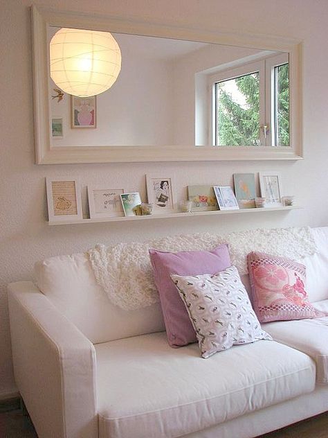 Shelf and mirror above couch. I totally have that couch in this picture. You can have it FO FREE Mirror Over Couch, Over The Couch, Above Couch, Couch Decor, Room Deco, A Living Room, Small Living Room, Small Living, Living Room Inspiration