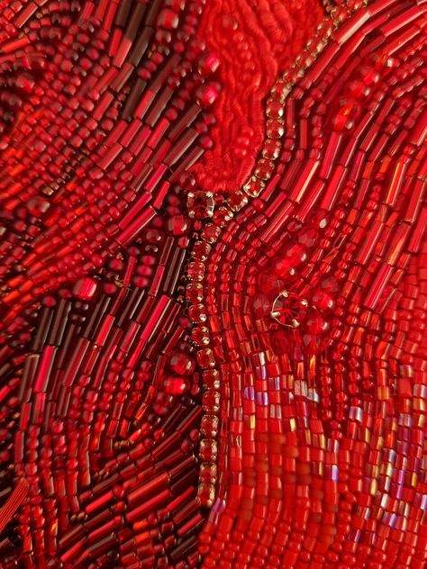 Cross Stitch Patterns Bugle Bead Embroidery, Red Bead Embroidery, Embroidered Beads On Clothes, Bugle Beads Embroidery, Fire Inspired Fashion, Blood Embroidery, Embroidery On Red Fabric, Fire Inspired Outfits, Beaded Embroidery On Fabric