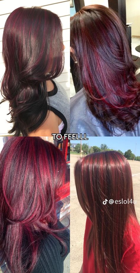 Red Hair Over Black, Red Hilights In Brown Hair Brunettes, Red Box Dye On Brown Hair, Haircolors Trends 2024, Draculaura Hair Curly, Draculaura Hair Dye, Cherry Coke Balayage, Curly Red Highlights, Brunette Dyed Hair