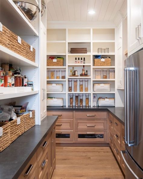 Having our second/auxiliary fridge in pantry would be super helpful! Much better than having to run down to basement/garage. Microwave could also be housed within pantry House Pantry, Pantry Inspiration, Dream Pantry, Pantry Room, Organized Pantry, Butler’s Pantry, Pantry Remodel, Kitchen Pantry Design, Kitchen Pantry Cabinets