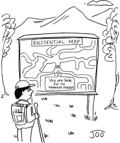 This cartoon about existentialism explains how an individual who follows this believes that their life has no meaning to it and the only meaning is to be a free person Existential Aesthetic, Existentialism Aesthetic, Existential Crisis Aesthetic, Philosophy Jokes, Existentialism Art, Existential Despair, Free Person, Philosophy Theories, Philosophy Memes