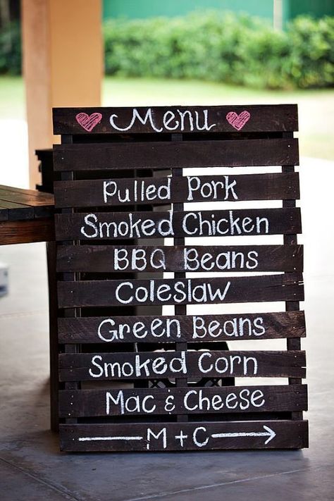 Creative Wedding Sign, Bbq Wedding Reception, Backyard Bbq Wedding, Country Wedding Inspiration, Pallet Wedding, Wedding Backyard Reception, Country Theme Wedding, Reception Food, Bbq Wedding