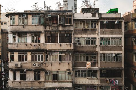 Stock Image: old building facade, run down house exterior, HongKong - Run Down Buildings, Run Down House, Building Facade, Old Building, Adobe Stock, House Exterior, Hong Kong, Multi Story Building, Stock Images