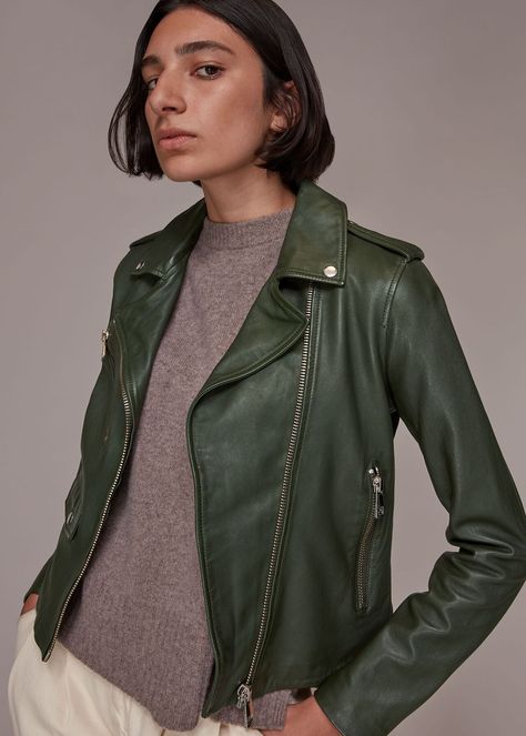 Green Leather Jacket Outfit, Leather Moto Jacket Womens, Green Leather Jacket, Cool Silhouettes, Womens Moto Jacket, Green Leather Jackets, Leather Biker Jacket, Biker Style, Leather Moto