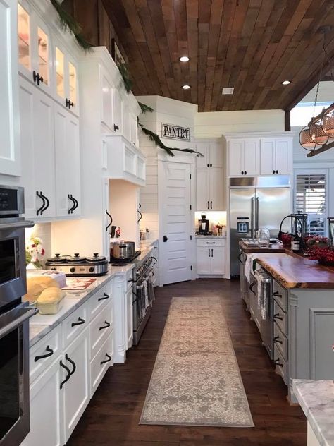 Kitchens With Wood Ceilings And Floors, Kitchen With Wood Ceiling And Floors, Kitchen Wood Ceiling Ideas, White Cabinets With Wood Accents, Kitchen Cabinets Tall Ceilings, Kitchens With Tall Ceilings, Tall Kitchen Ceilings, Kitchen With Tall Ceilings, Epic Kitchen