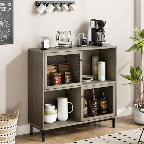 PRICES MAY VARY. 【Large Storage Space】37" H x 39.8" L x 11.8" W.This coffee bar cabinet has 4 large compartment storage spaces that can be used to store cutlery, wine, liquors, coffee beans,or some collections. Spacious tabletop can hold coffee machine, crafts, potted plants or other decorations. Whether it's for a coffee bar, kitchen, living room, or dining room, it can be a perfect storage cabinet to make your home neat and organized 【Versatile Sliding Door Storage Cabinet】The dining room buff Mini Coffee Bar Small Spaces, Metal Sliding Door, Liquor Bar Cabinet, Office Coffee Station, Coffee Bar Cart, Coffee Bar Cabinet, Coffee Cabinet, Farmhouse Sideboard Buffet, Coffee Bar Station