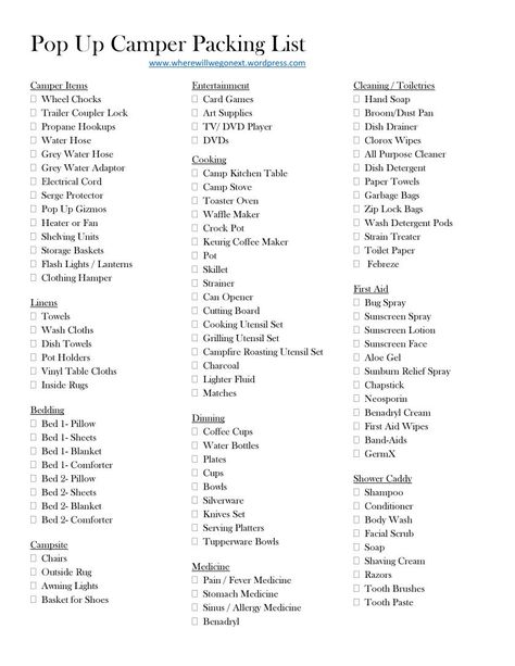 Camping Packing List- Where Will We Go Next-page-001 (1)                                                                                                                                                      Plus Camper Packing List, Zelt Camping Hacks, Zelt Camping, Pop Up Trailer, Camping Packing List, Camper Hacks, Camping List, Tent Trailer, Popup Camper