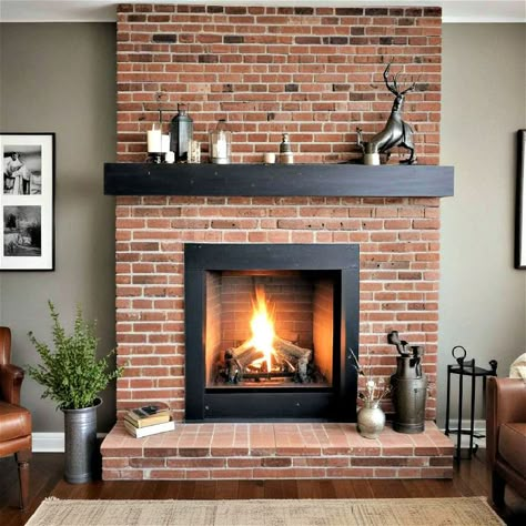 Brick Insert Fireplace, Orange Brick Fireplace Color Schemes, Moody Living Room With Brick Fireplace, How To Decorate Brick Fireplace, Retro Brick Fireplace, Red Brick Fireplaces Living Room, Floor To Ceiling Brick Fireplace Remodel, Brick Fireplace Wall Color, Mantle Colors Fireplace