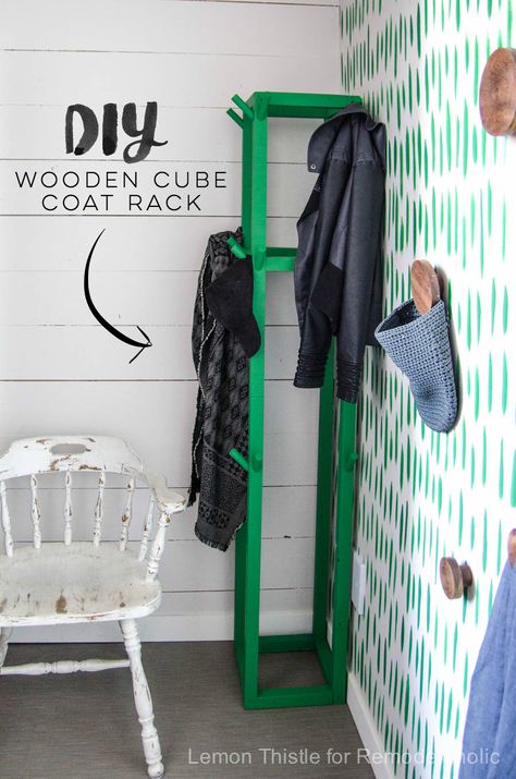 Remodelaholic | Easy DIY Wooden Cube Coat Rack for Just $10 Diy Coat Rack, Coat Rack Hooks, Diy Coat, Wall Coat Rack, Build A Wall, Wooden Coat Rack, Hat Organization, Wooden Cubes, Coat Rack Wall