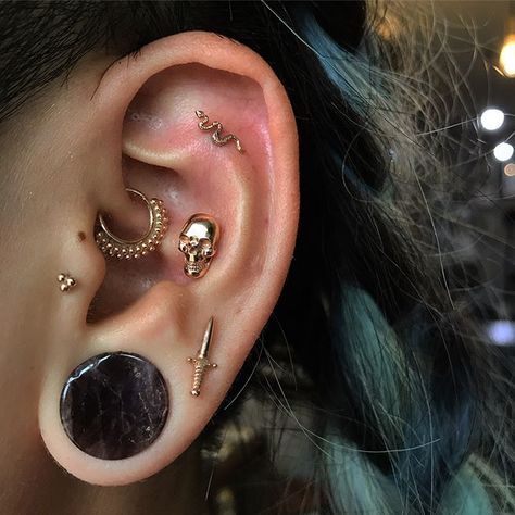 So great see my friend @melszeto at her super awesome studio @giltmothtattoo 🖤 Healed conch and daith by me, and we added a new flat piercing today 🐍💀🗡 Her ear features solid rose gold Tribead, Kolo ring, large Skull and Slasher Dagger all by @bvla & a slithery @bodygems snake from my dear @geekypiercer 🙏🏻🖤 #rosegoldforever #skullsandsnakes #bvla #earpiercing #curatedear #lovehatesocialclub Red Gemstone Jewelry, Ear Peircings, Flat Piercing, Apatite Crystal, Tattoo Parlor, Cool Ear Piercings, Cool Piercings, Cute Ear Piercings, Pierced Ear