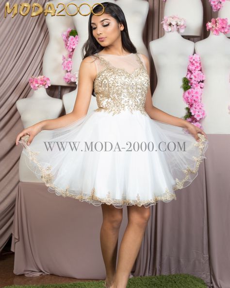 Elegant cocktail dress in ivory / gold✨ Dama dresses for Quinceañera! Available at Moda 2000 ig: @moda2000inc Dama Dresses For Quince Champagne, White And Gold Dama Dresses, Quinceanera Dresses Moda 2000, Quince Champagne, White And Gold Quinceanera Dresses, White Dama Dresses, Gold Dama Dresses, Moda 2000 Quinceanera Dresses, Dama Dresses For Quince