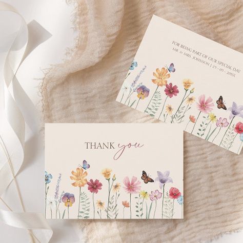 Colorful Thank You Card, Wildflower Thank You Card, Floral Thank You Cards, Wedding Invitations Wildflowers, Watercolor Floral Card, Simple Thank You Card, Thank You Card Design Ideas, Unique Thank You Cards, Thank You Wedding Cards