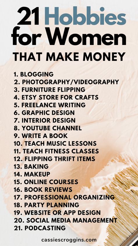 Make life fun again by starting a hobby that makes money too! If you're bored and wanting to try somthing new these 21 hobbies for women that make money are the perfect hobbies for women in their 20s, 30s, 50s, moms and women without kids too! Make extra money doing something you love! #hobbiesforwomen #cassiescroggins #makemoneyfromhome Best Job For Women, Hobbies For Women In Their 20s Ideas, How To Make Your Money Work For You, Advice For Women In 30s, Hobbies Of The Wealthy, Hobbies To Learn New Things, Hobbies To Try Out, Hobby To Make Money, Good Hobbies For Women