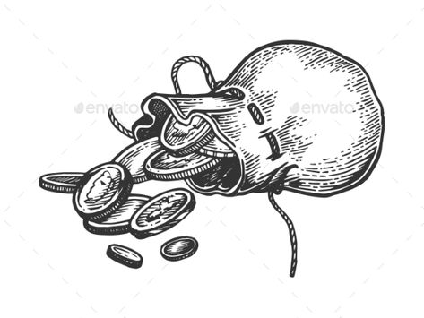 Coins in Bag Engraving Vector Illustration #Bag, #Coins, #Engraving, #Illustration Cartoon Bag Design, Engravers Tattoo, Coins Drawing, Coin Drawing, Coins Tattoo, Bag Of Coins, Coin Tattoo, Coin Illustration, Etching Illustration