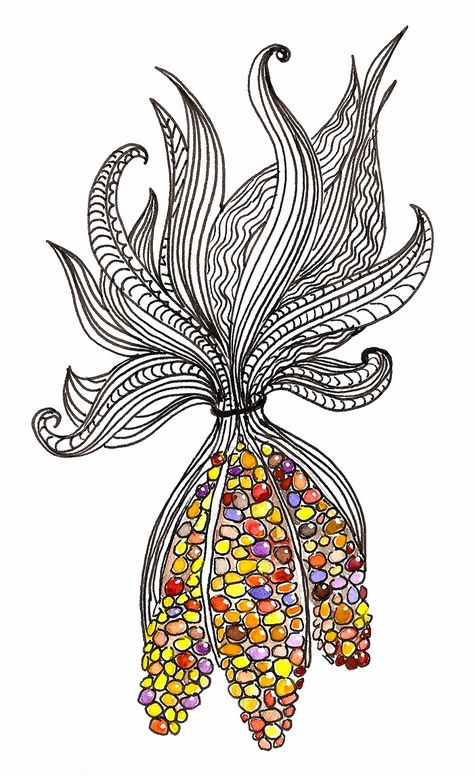 Thanksgiving Zentangle, Corn Drawing, Thanksgiving Drawings, Corn Painting, 7th Grade Art, Elementary School Art, October Art, Fall Arts And Crafts, Fall Art Projects