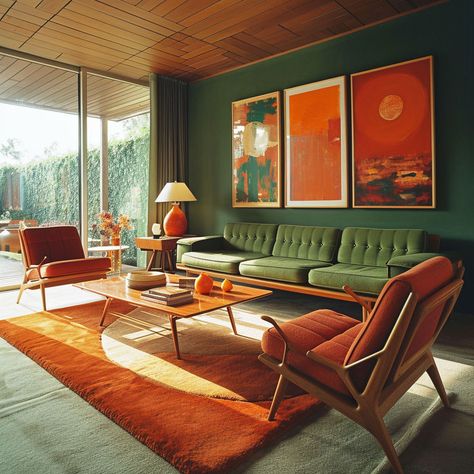 A classic 70s living room complete with earth-tone color scheme and shag carpet Contemporary 70s Interior Design, 70s Inspired Living Room, 70s Living Room Decor, 70s Living Room, 70s Interior Design, Design Therapy, Oregon House, Casa Retro, 70s Interior