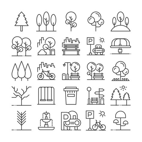 Park elements icon set. Park Vector Illustration, Icon Pattern Design, Icon Architecture, Park Drawing, Park Illustration, Center Parc, Urban Icon, Urban Concept, Bike Icon